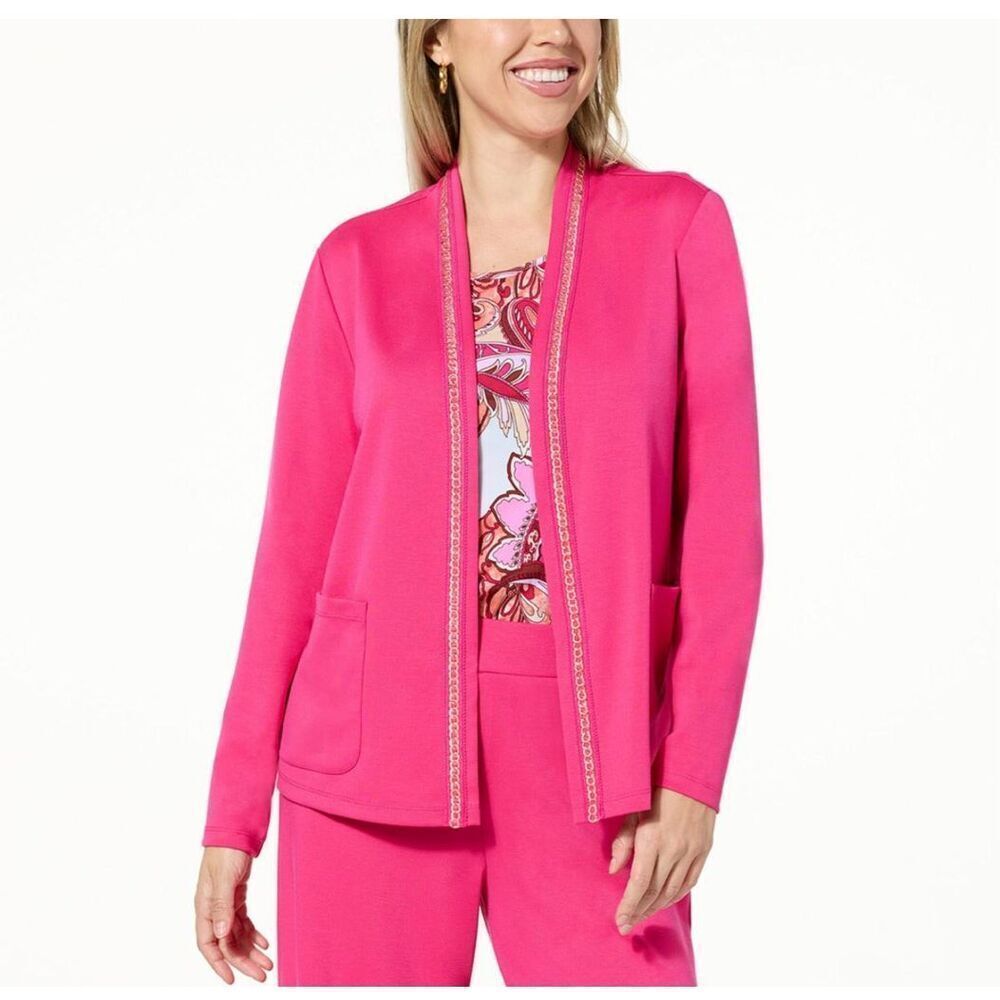 IMAN Global Chic Ponte Topper cardigan Chain Detail pink hibiscus size S NWOT